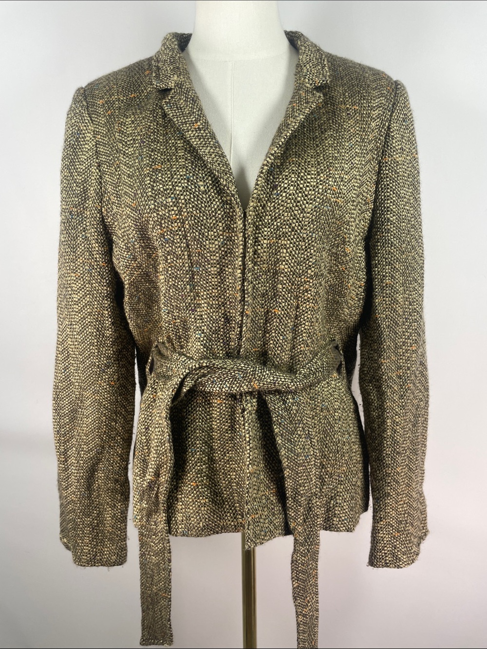 Oscar de la Renta Tweed Herringbone Belted Tan Brown Blazer Safari Jacket 12
